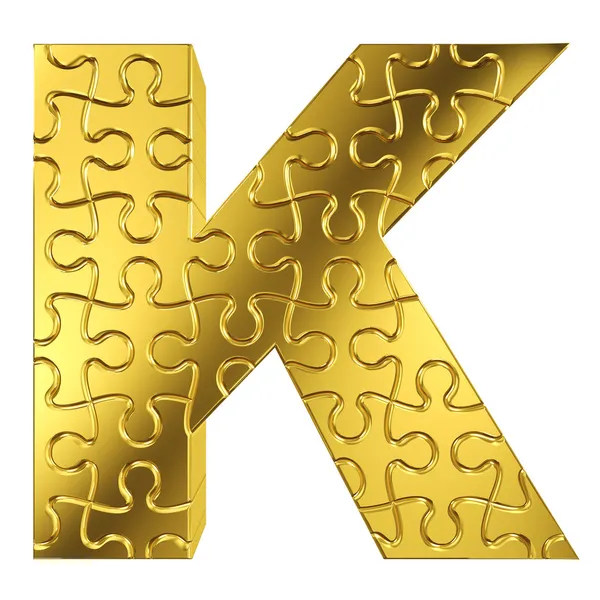 Puzzle Buchstabe k in Goldmetall auf weißem, isoliertem Hintergrund. — Stockfoto