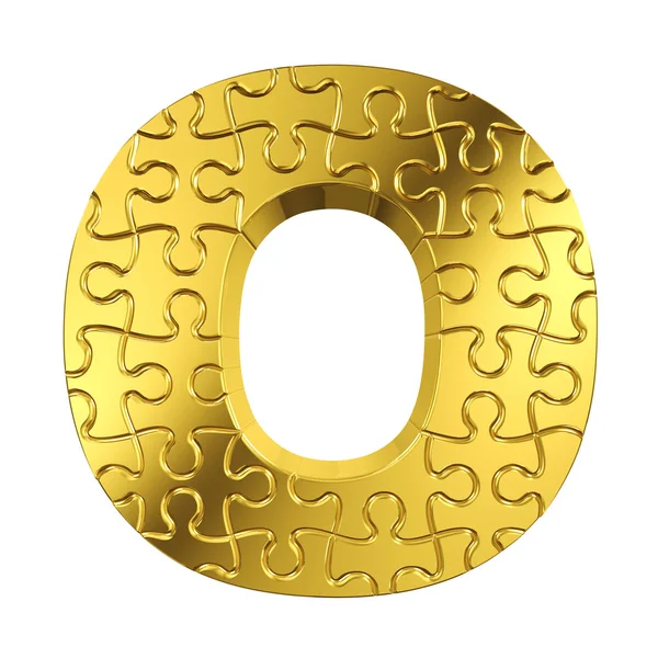 Quebra-cabeça letra O em metal dourado sobre um fundo isolado branco . — Fotografia de Stock