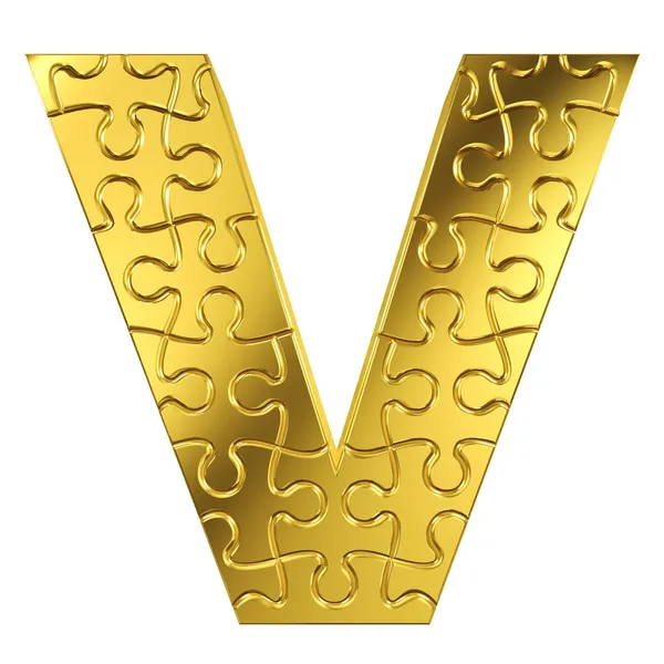 Puzzle letter V in gold metal on a white isolated background — Stock Photo, Image