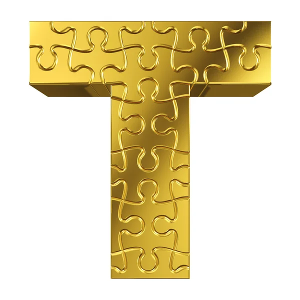 Puzzle letra T em metal dourado sobre um fundo branco — Fotografia de Stock