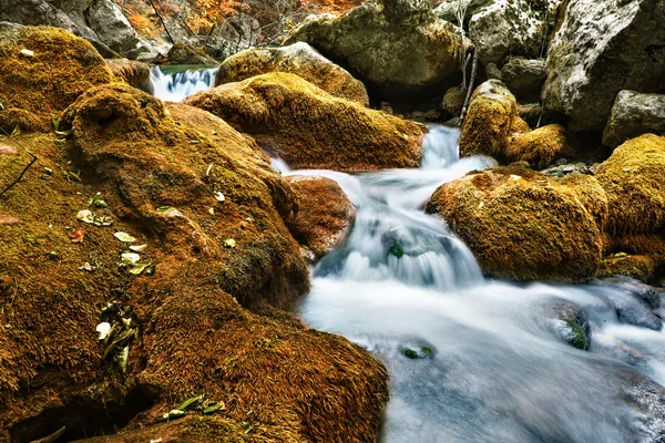 Vattenfall i skogen, hösten, lång exponering — Stockfoto