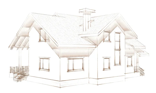 Casa de madera aserrada. 3D renderizado modelo. Aislamiento en la espalda blanca —  Fotos de Stock