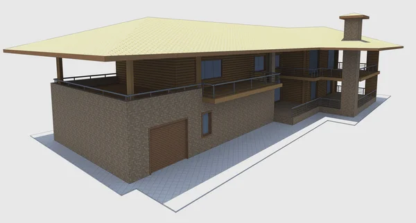 Casa in legno. Rendering modello 3d. Isolamento su schiena bianca — Foto Stock