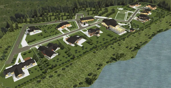 Master plan nowego miasta. Panorama wsi. 3D model rende — Zdjęcie stockowe