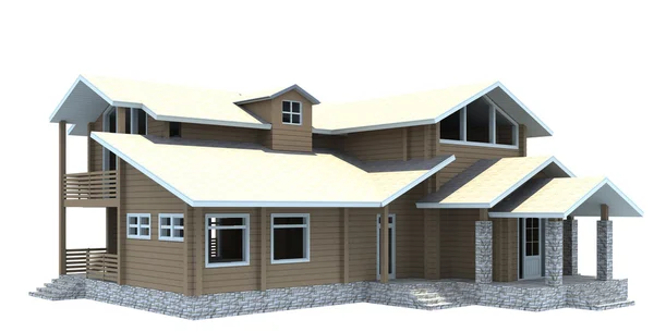 Casa de madera aserrada. 3D renderizado modelo. Aislamiento en la espalda blanca —  Fotos de Stock