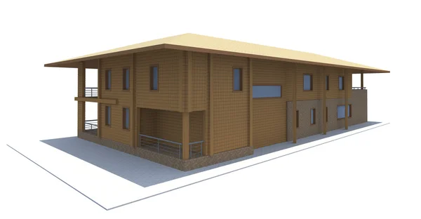 Hus av trä virke. 3D modell gör. isolering på vit baksida Stockbild
