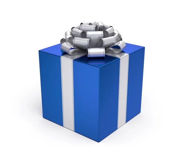 Подарункова коробка синя зі срібною стрічкою і бантом — стокове фото