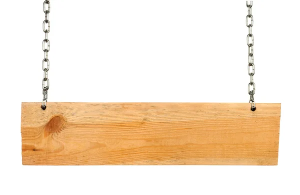 Letrero de madera colgando de las cadenas aisladas sobre un fondo blanco — Foto de Stock