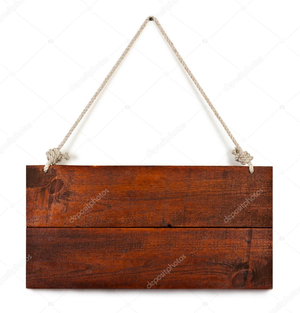 Blank wooden sign hanging on a rope. isolated on white. with clipping path.