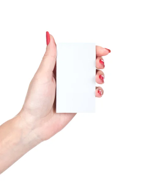 Female hand holding a blank business card — Stock Photo, Image