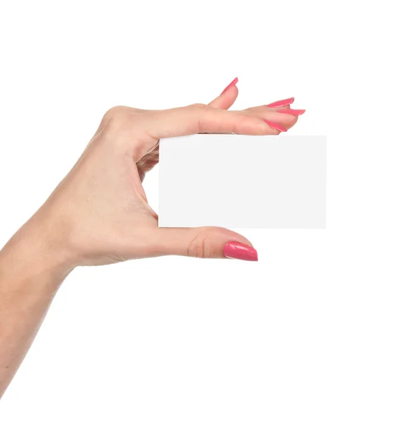 여성의 손을 잡고 빈 비즈니스 카드 — 스톡 사진