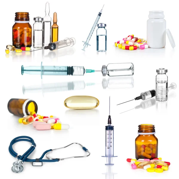 Innsamling av medisinske ampuller, flasker, piller og sprøyter – stockfoto