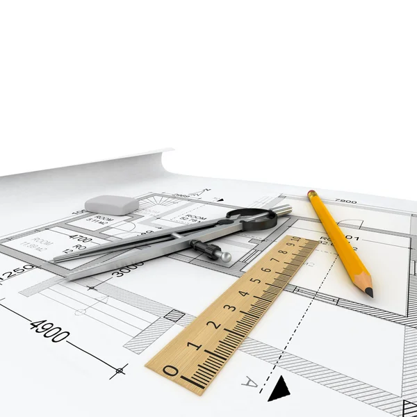 Architecture plan, tape measure and notepad — Stock Photo, Image