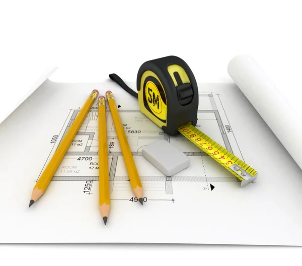 Architecture plan, tape measure and notepad — Stock Photo, Image