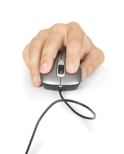 Erkek el bilgisayar fare üzerinde beyaz izole tutarak — Stok fotoğraf