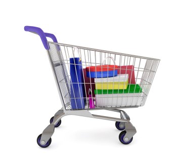 Beyaz arka plan üzerinde izole 3d alışveriş sepeti alışveriş torbaları ve kutuları,