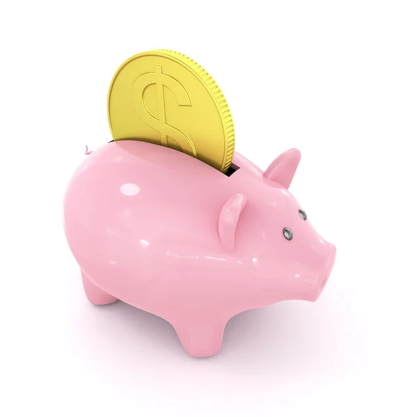 Piggy bank met munt, wit — Stockfoto