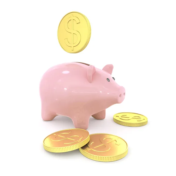 Piggy bank dengan koin, di atas putih — Stok Foto