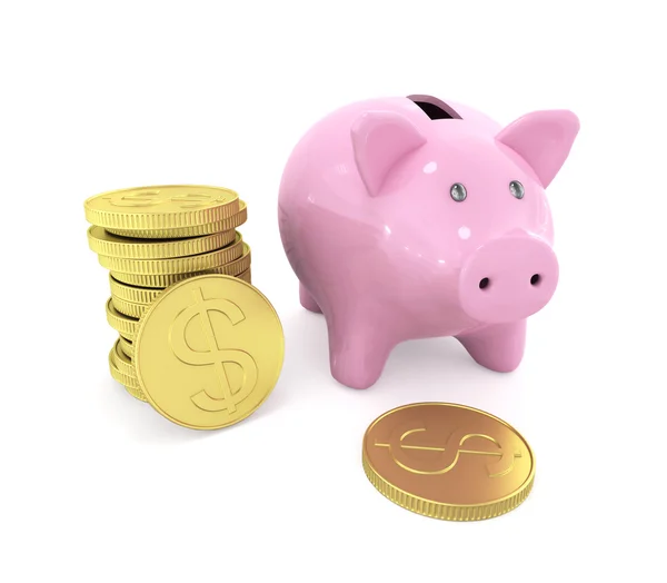 Piggy bank met munt, wit — Stockfoto