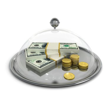 Restoran cloche açık kapak ve dolarlık banknotlar, 3d ile