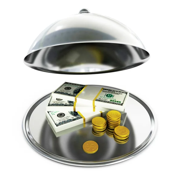 Restaurant cloche with open lid and dollars banknotes, 3d — Stock Photo, Image