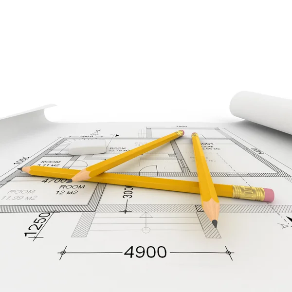 Plano de arquitetura, fita métrica e bloco de notas — Fotografia de Stock