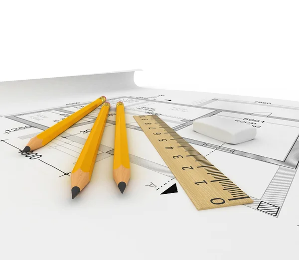 Architecture plan, tape measure and notepad — Stock Photo, Image