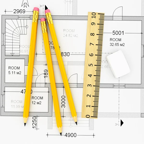 Plano de arquitetura, fita métrica e bloco de notas — Fotografia de Stock