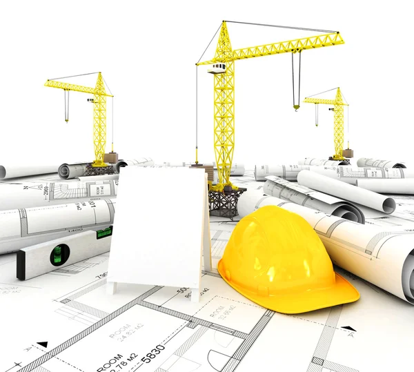 Construction plan in roll with scale and pencil — Stock Photo, Image