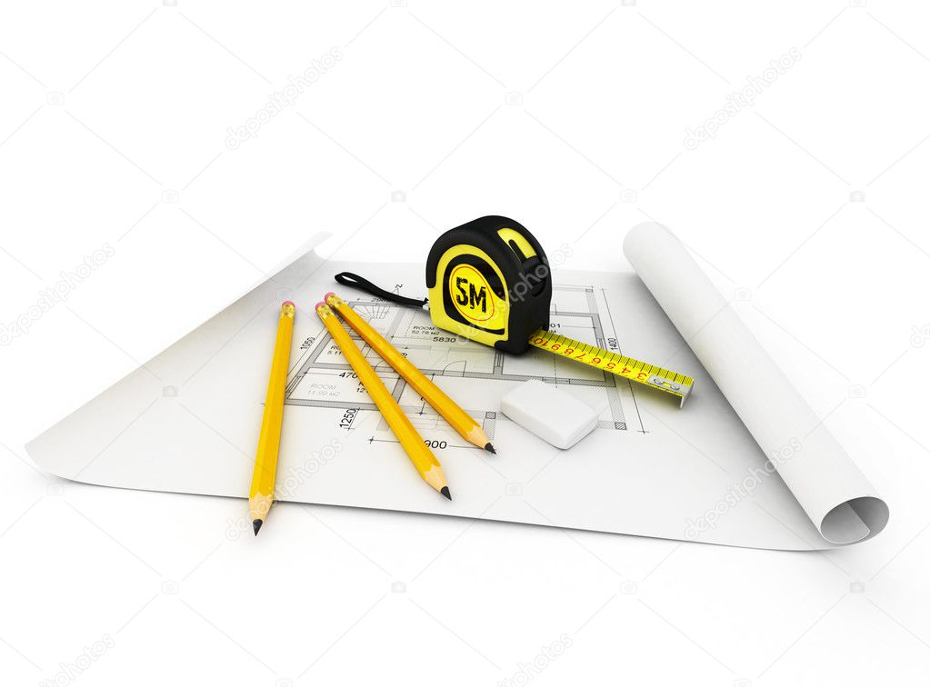 Architecture plan, tape measure and notepad Stock Photo by ©urfingus