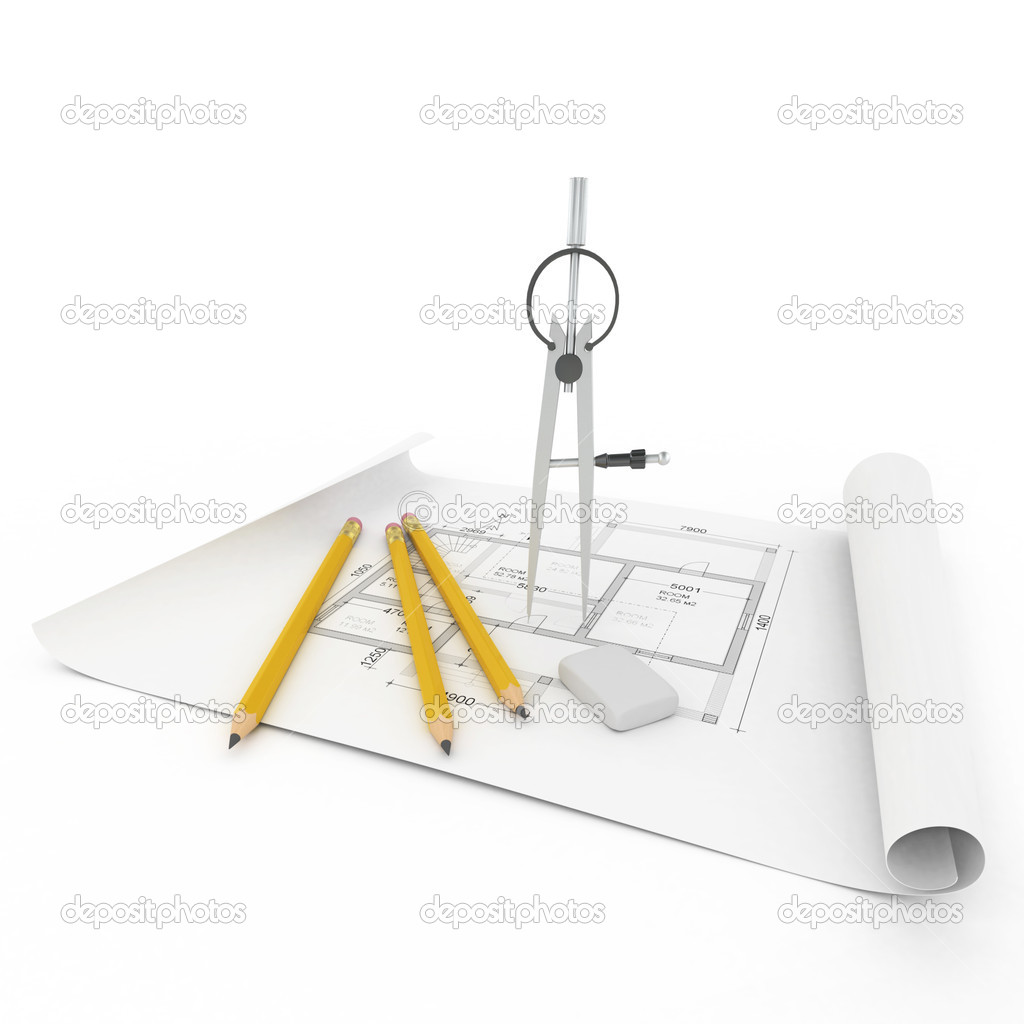 Architecture plan, tape measure and notepad