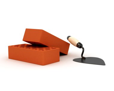 Tuğlalar, kask ve beyaz zemin üzerine mala. 3D