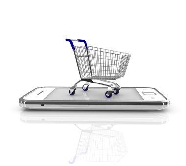 Smartphone satın alma kavramı. Smartphone ve beyaz zemin üzerinde bir alışveriş sepeti