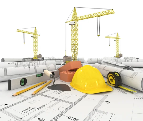 Construction plan in roll with scale and pencil — Stock Photo, Image
