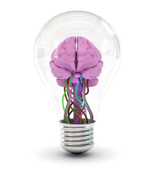 Brain inside a light bulb made in 3d - isolated over a white background — Stock Photo, Image