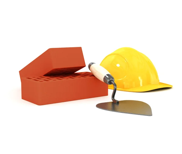 Bricks, hardhat and trowel on white background. 3d — Stock Photo, Image