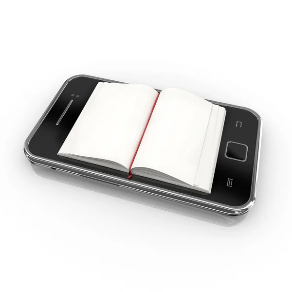 E-book 3d concept - book instead of display on the touch screen phone — Stock Photo, Image