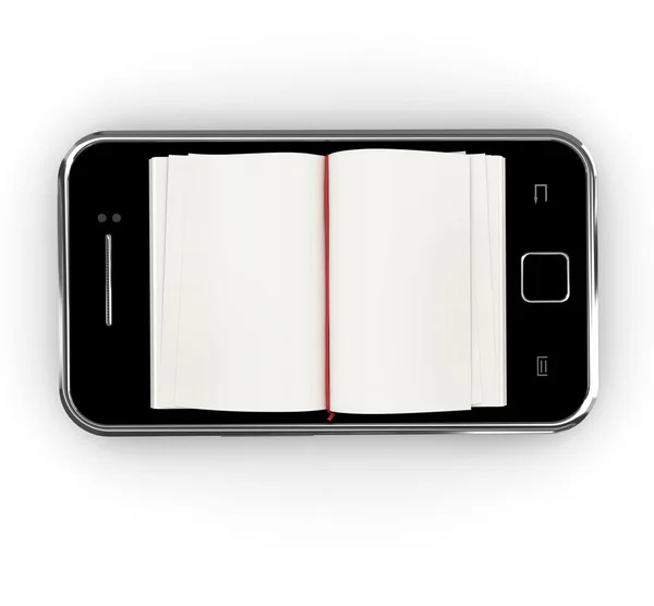 Концепция E-book 3d - книга вместо дисплея на сенсорном экране телефона — стоковое фото