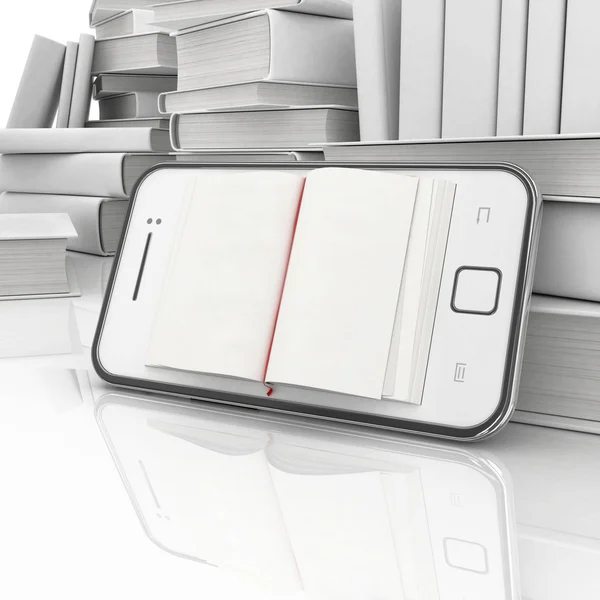 E-book 3d concepto - libro en lugar de pantalla en el teléfono de pantalla táctil — Foto de Stock