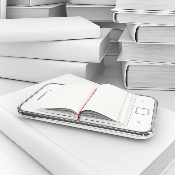 E-book 3d concepto - libro en lugar de pantalla en el teléfono de pantalla táctil — Foto de Stock