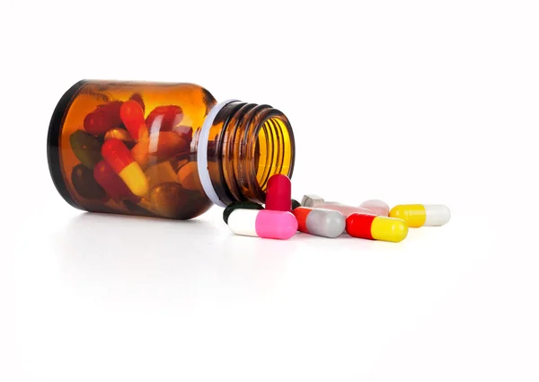 Pillole fuoriuscita dalla bottiglia pillola — Foto Stock