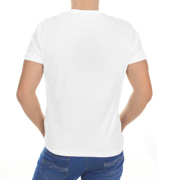 Man wearing blank t-shirt isolated on white background with copy space — Stock Photo, Image