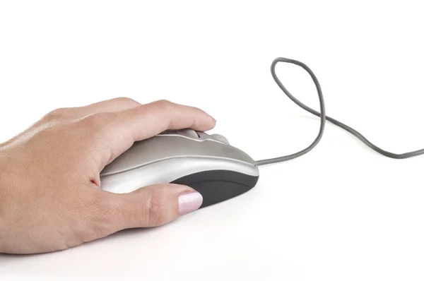 Hand click on modern computer mouse isolated on a white background — Stock Photo, Image