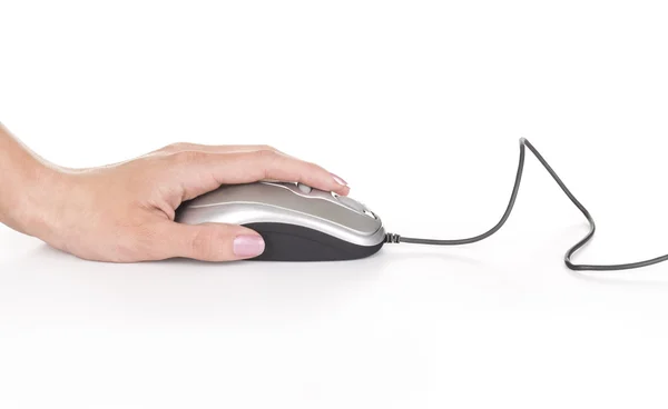 Hand click on modern computer mouse isolated on a white background — Stock Photo, Image