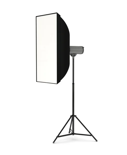 Estúdio flash com caixa macia no fundo branco — Fotografia de Stock