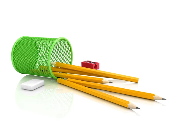 Pennor som rinner från en grön penna kopp. — Stockfoto