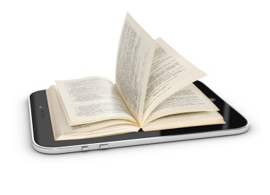 tablet pc ile üzerine beyaz izole kitap