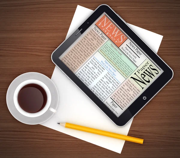 PC tablet met kopje koffie en potlood — Stockfoto
