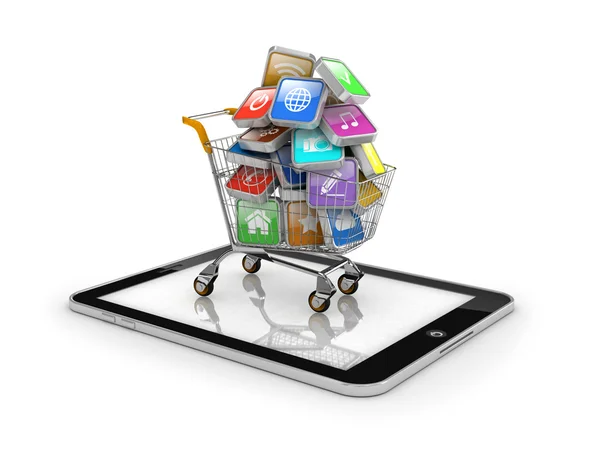 Carrinho de compras com ícones no Tablet PC — Fotografia de Stock