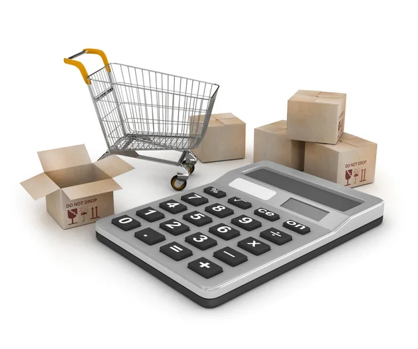 Shopping cart with boxes and calculator — Stock Photo, Image